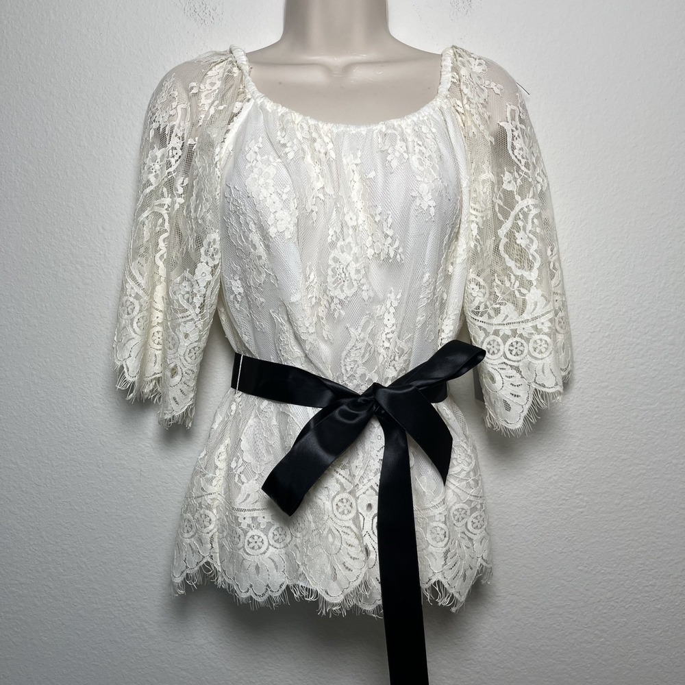 NEW Teri Jon Women Blouse 4 Lace Overlay Event Party Cocktail Tie‎ Waist Ribbon